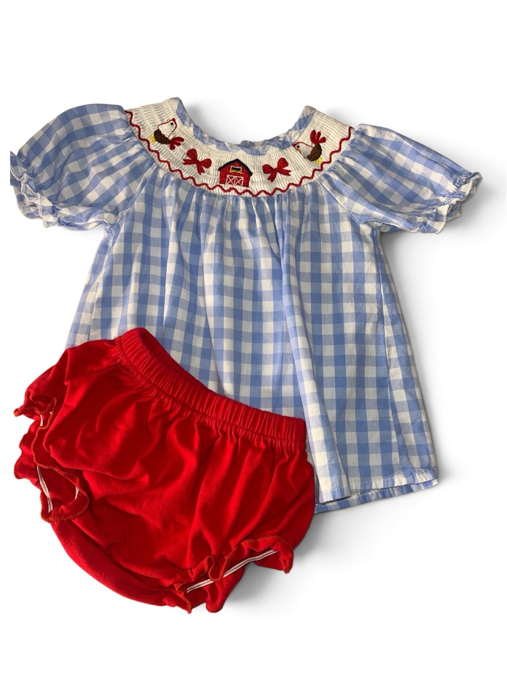 Blue Gingham Smocked Top and Red Bloomers Girls Chicken Red Barn  Matching Set